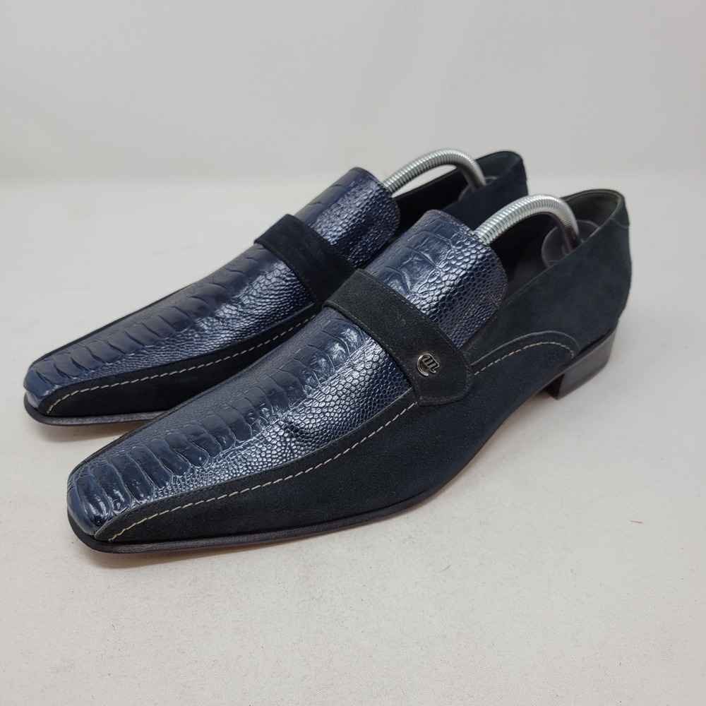 Mauri Shoes Mens 8 Italy Navy Blue Genuine Ostrich Leg Suede Loafers Dress